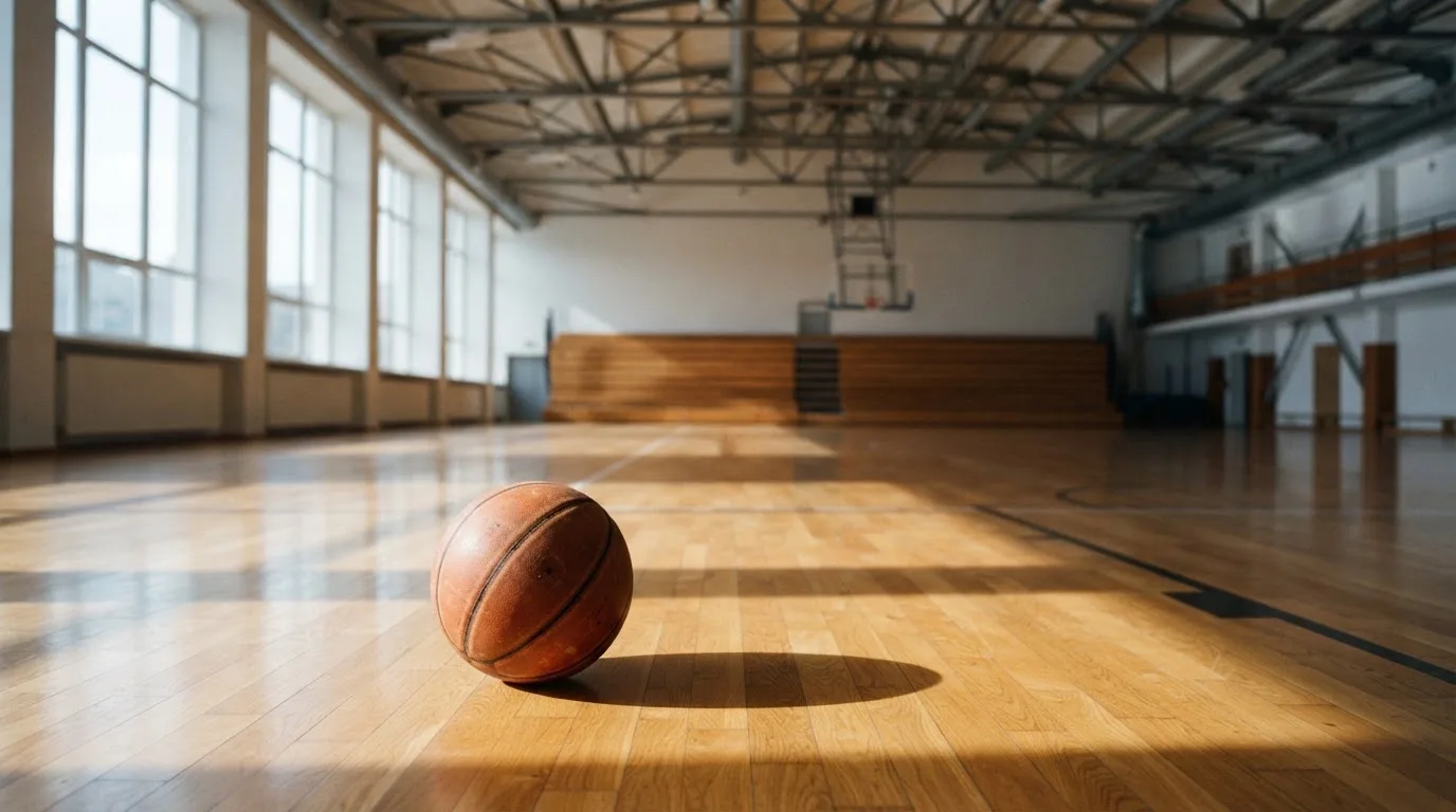 Ein Basketball liegt auf dem Parkett einer leeren Halle, Licht fällt durch hohe Fenster.