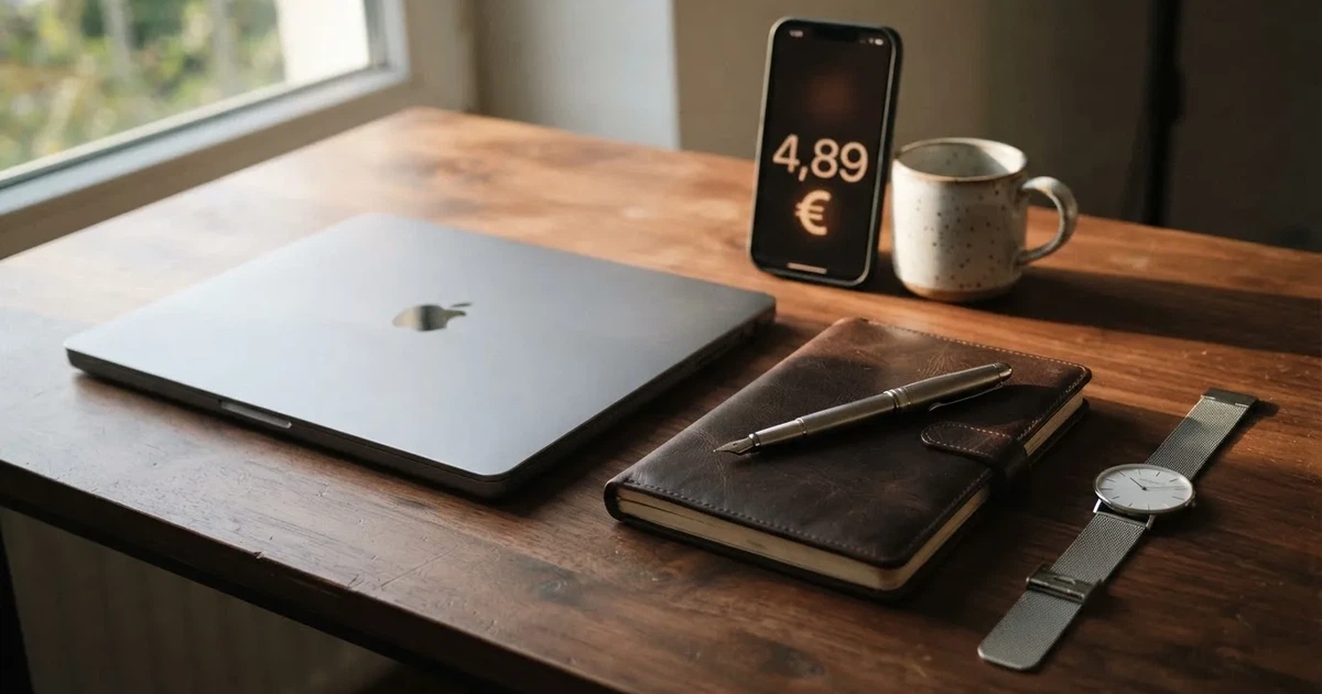Ein Laptop mit geschlossenem Deckel, ein Notizblock und eine Armbanduhr liegen auf einem Schreibtisch in sachlichem Tageslicht.