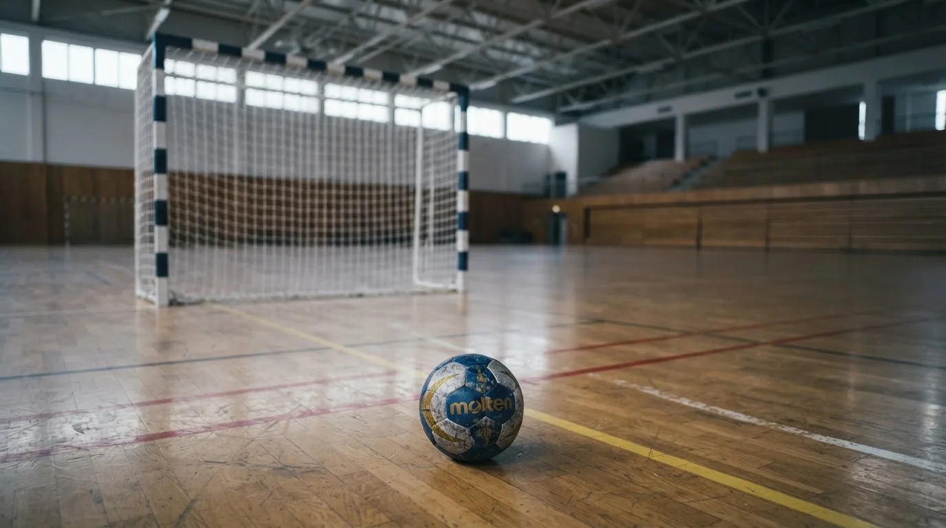 Ein Handball liegt in einer leeren Halle auf dem Boden vor dem Tor.