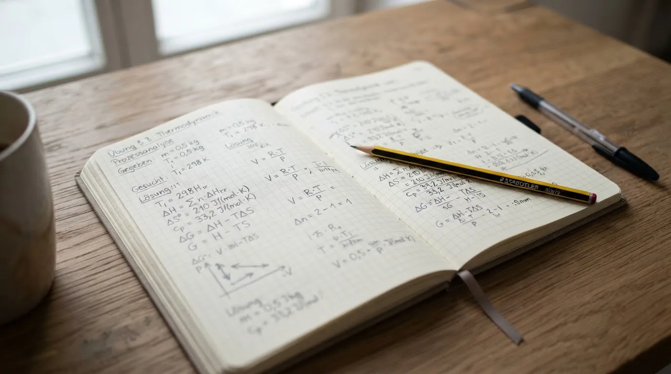 Ein Notizbuch mit handschriftlichen Skizzen liegt aufgeschlagen neben einem Bleistift und einem Taschenrechner auf einem Tisch.
