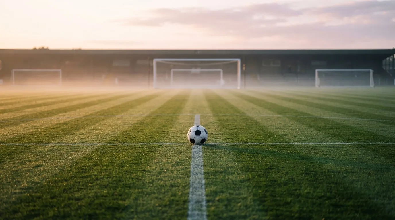 Ein Fußball liegt auf dem Anstoßkreis eines leeren Rasenplatzes im frühen Morgenlicht.