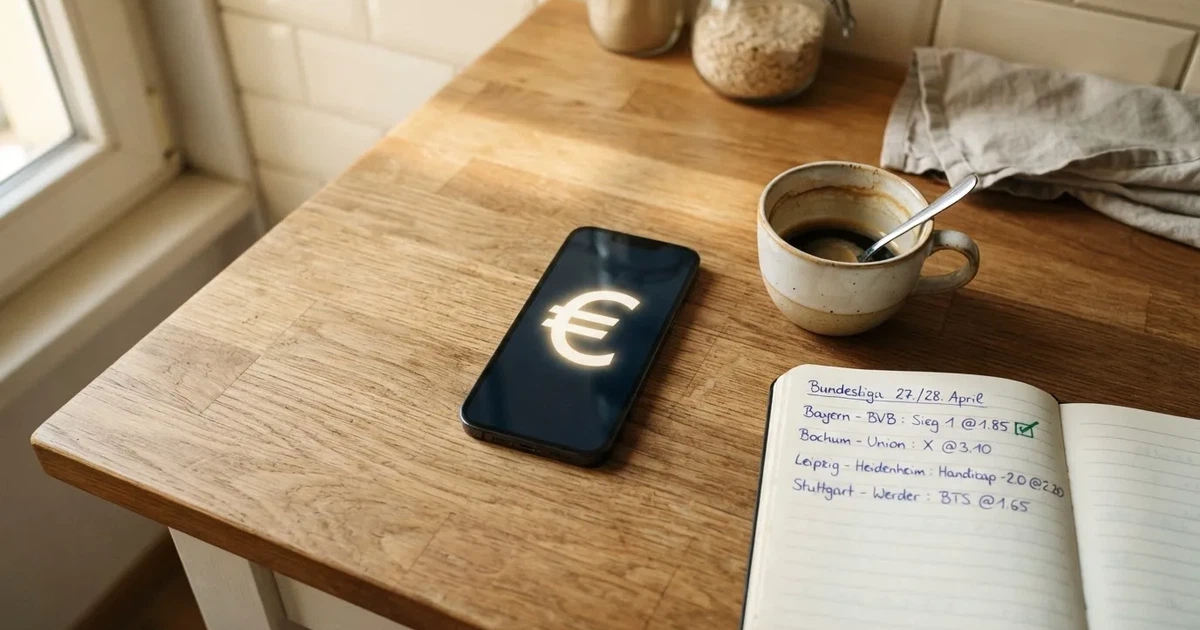 Ein Smartphone mit dunklem Display liegt neben einer Kaffeetasse und einem Notizbuch auf einem Küchentisch.