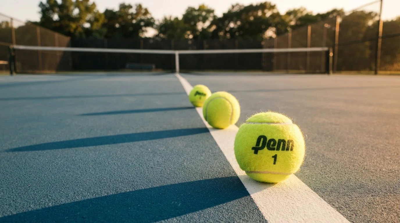 Drei Tennisbälle liegen in einer Reihe auf der Grundlinie eines Hartplatzes bei tief stehender Sonne.