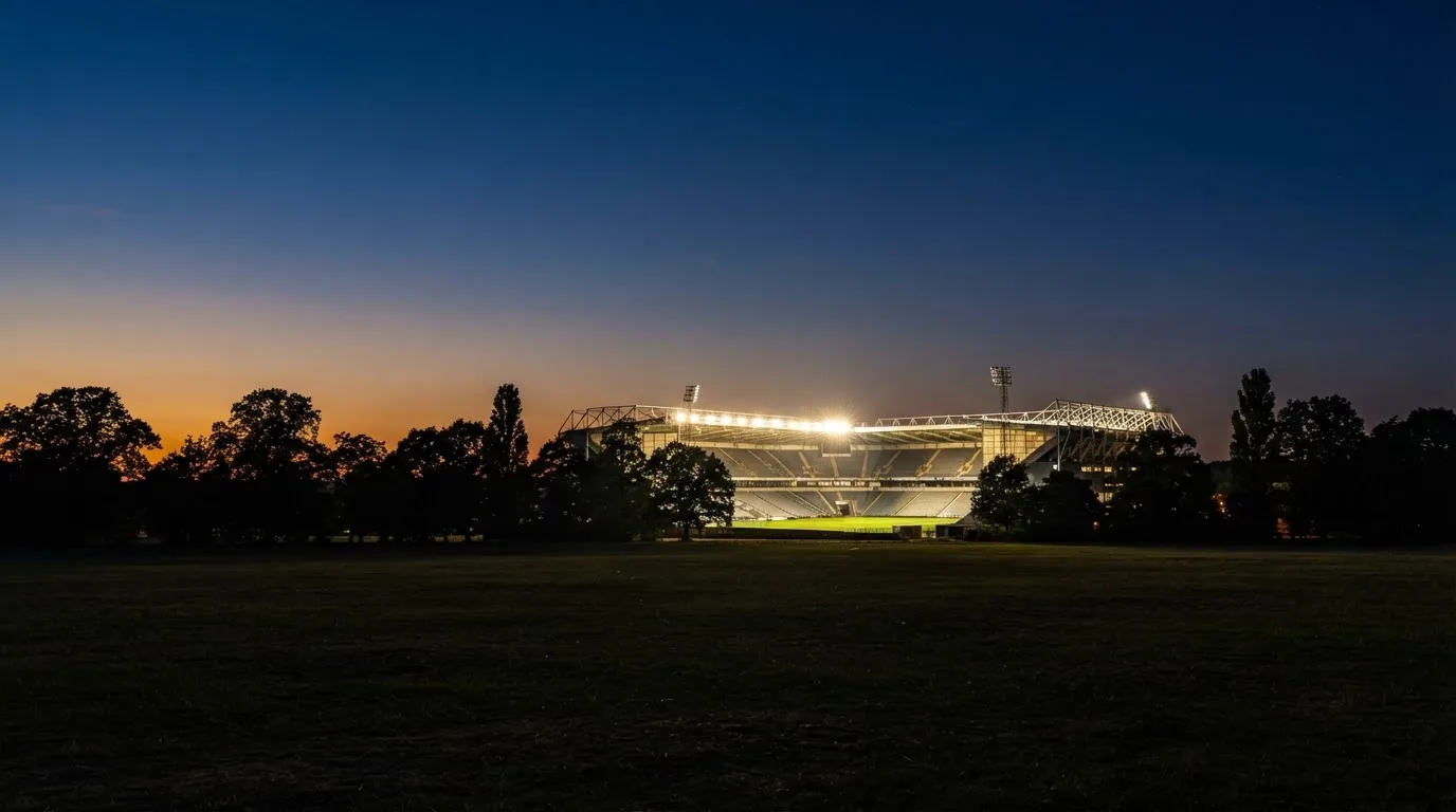 Ein Stadion unter Flutlicht aus großer Entfernung, davor die Silhouetten von Bäumen im Abendhimmel.