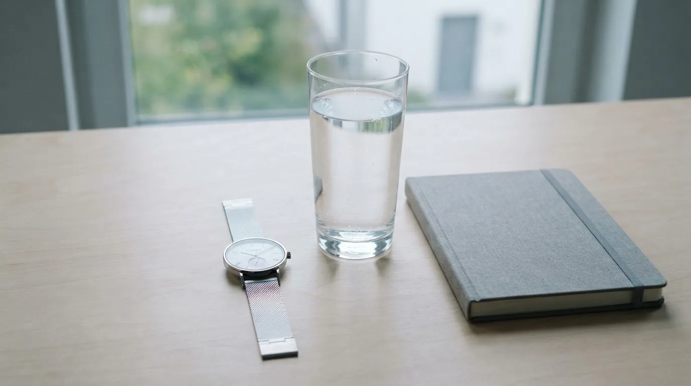 Eine Armbanduhr und ein Glas Wasser stehen auf einem aufgeräumten Schreibtisch, daneben ein geschlossenes Notizbuch.