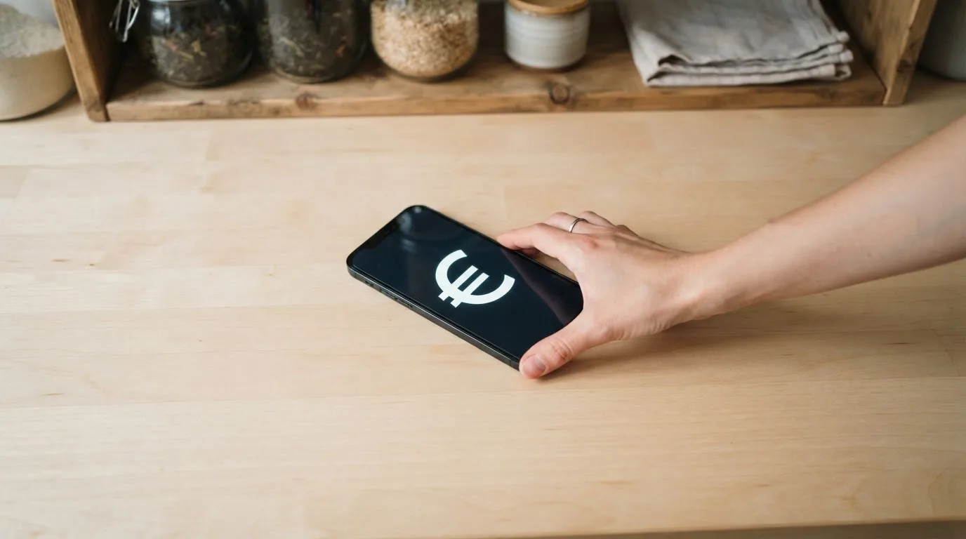 Eine Hand legt ein Smartphone mit abgedunkeltem Display auf einen Tresen aus hellem Holz, im Hintergrund unscharf ein Regal.
