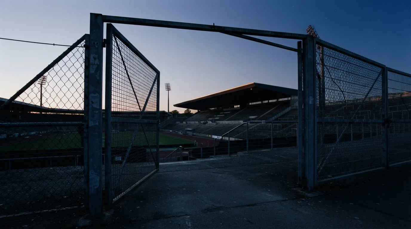 Ein Eingangstor zu einem Sportplatz in der Dämmerung, dahinter die Tribünen ohne Menschen.