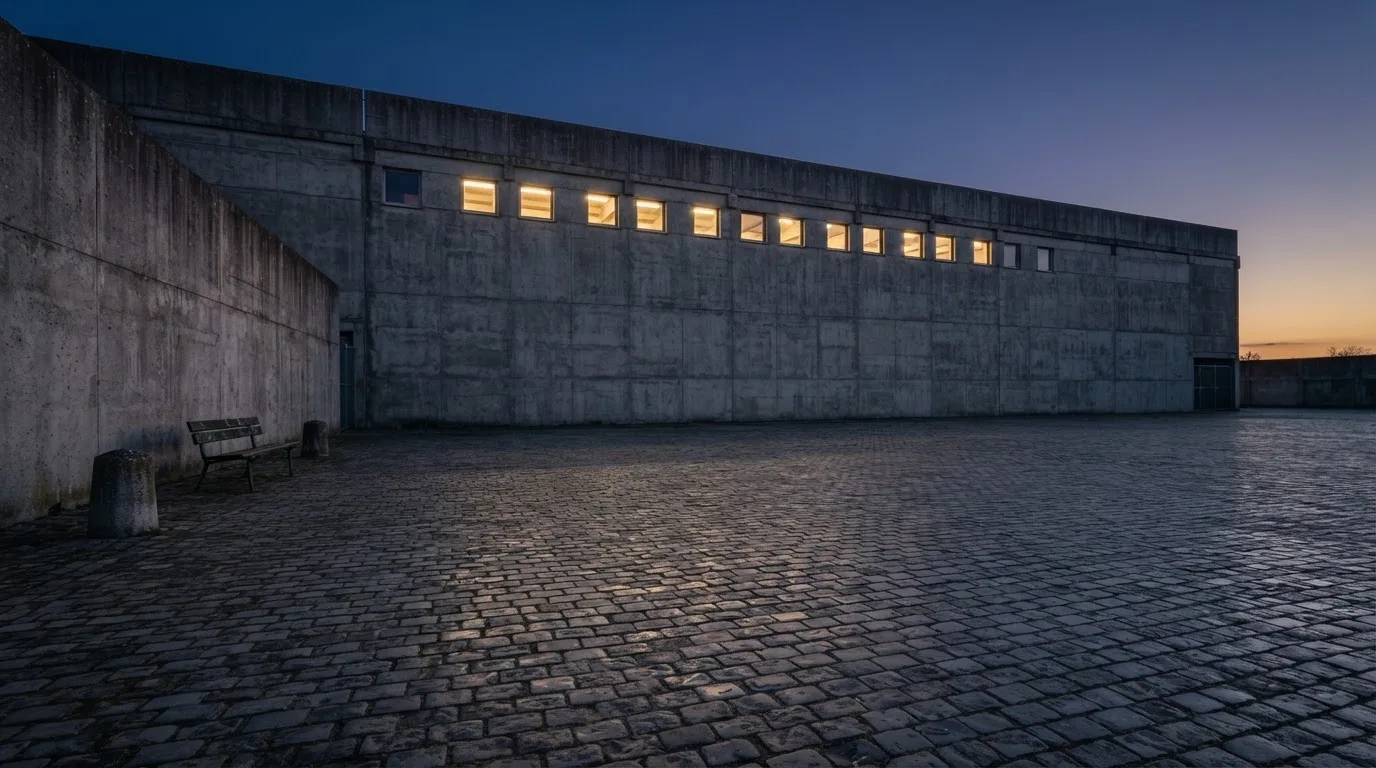 Die Rückseite einer Tribüne bei Dämmerung, davor ein menschenleerer Vorplatz mit Pflastersteinen.