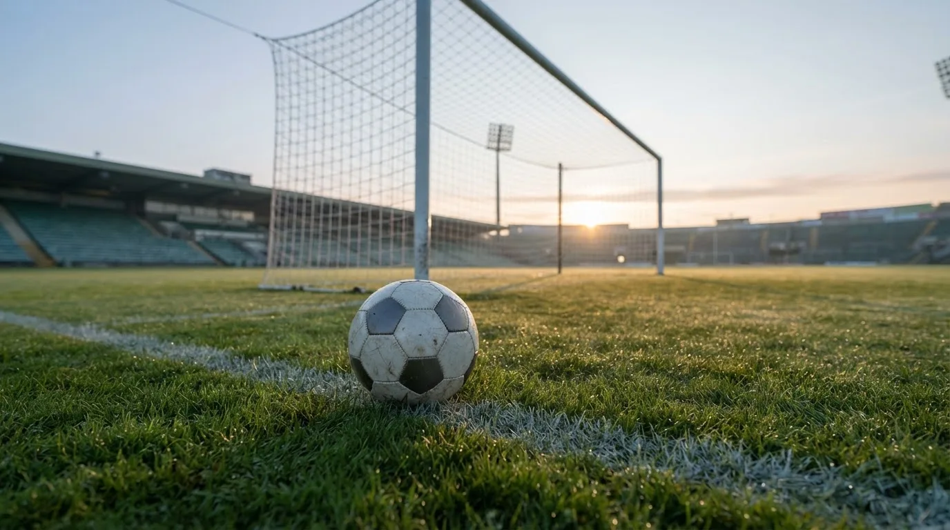 Ein Fußball auf dem Rasen vor einem leeren Tor im frühen Morgenlicht.