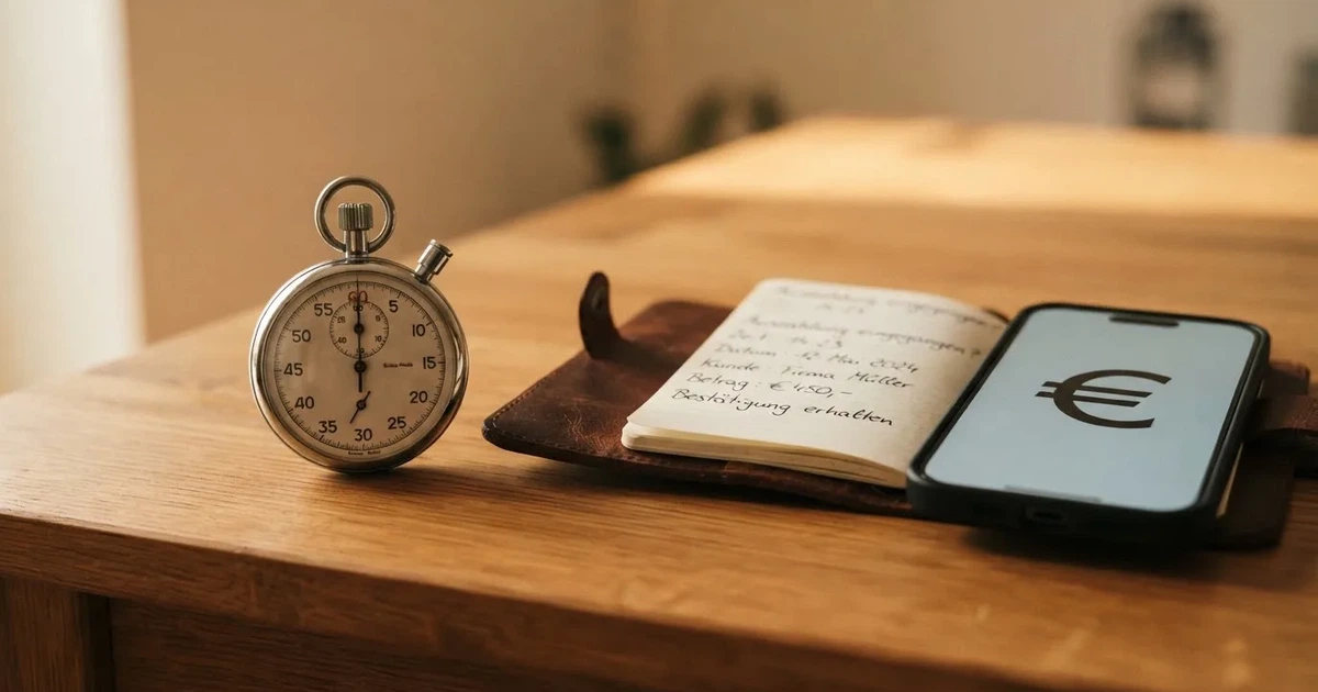 Eine Stoppuhr liegt neben Münzen und einem Notizbuch auf einem Holztisch, Tageslicht fällt von der Seite ein.