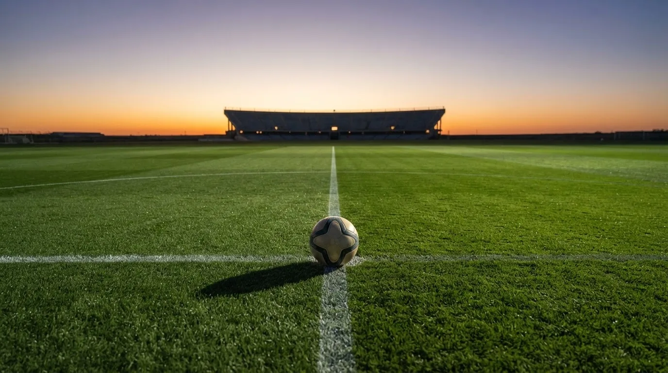 Ein Fußball liegt in der Mitte eines leeren Rasenplatzes, am Horizont färbt sich der Himmel orange.