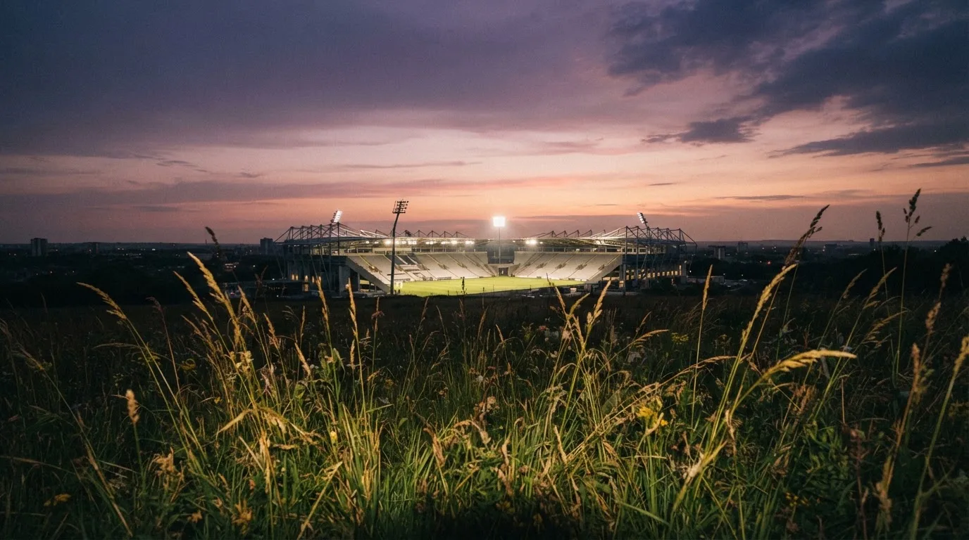 Ein hell beleuchtetes Stadion aus der Ferne in der Dämmerung, im Vordergrund ein Feld mit hohem Gras.