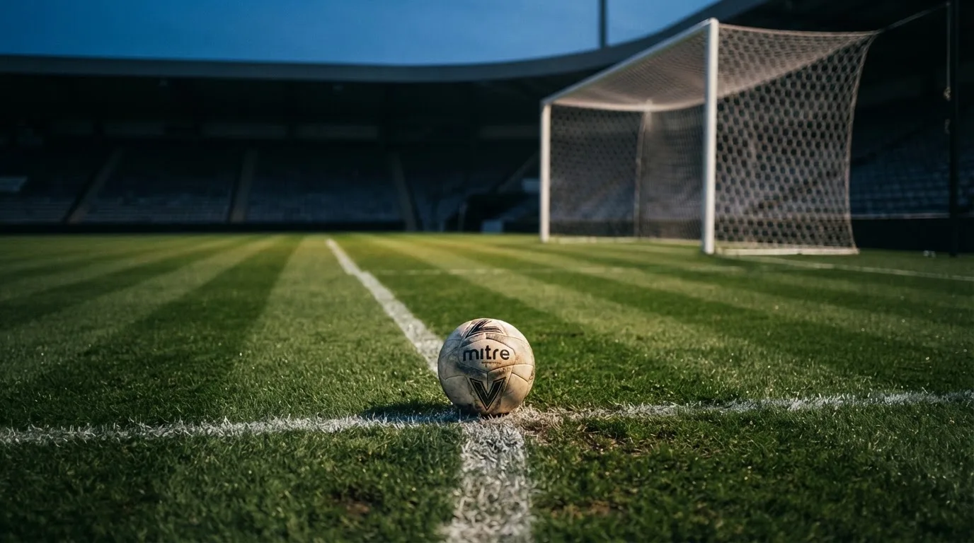 Ein Fußball liegt im Strafraum eines leeren Platzes, dahinter die Netze des Tores im Abendlicht.