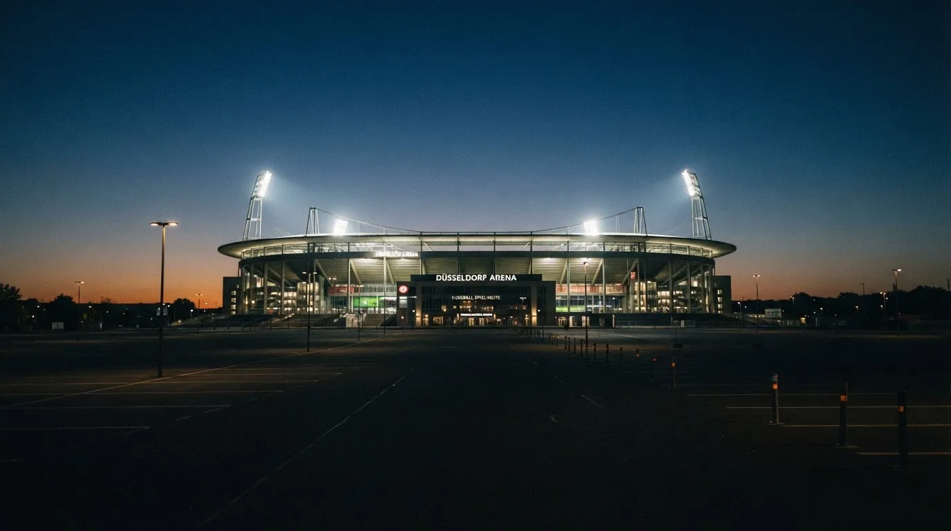 Ein Stadion unter Flutlicht aus großer Entfernung bei Einbruch der Dunkelheit, davor ein stiller Parkplatz.
