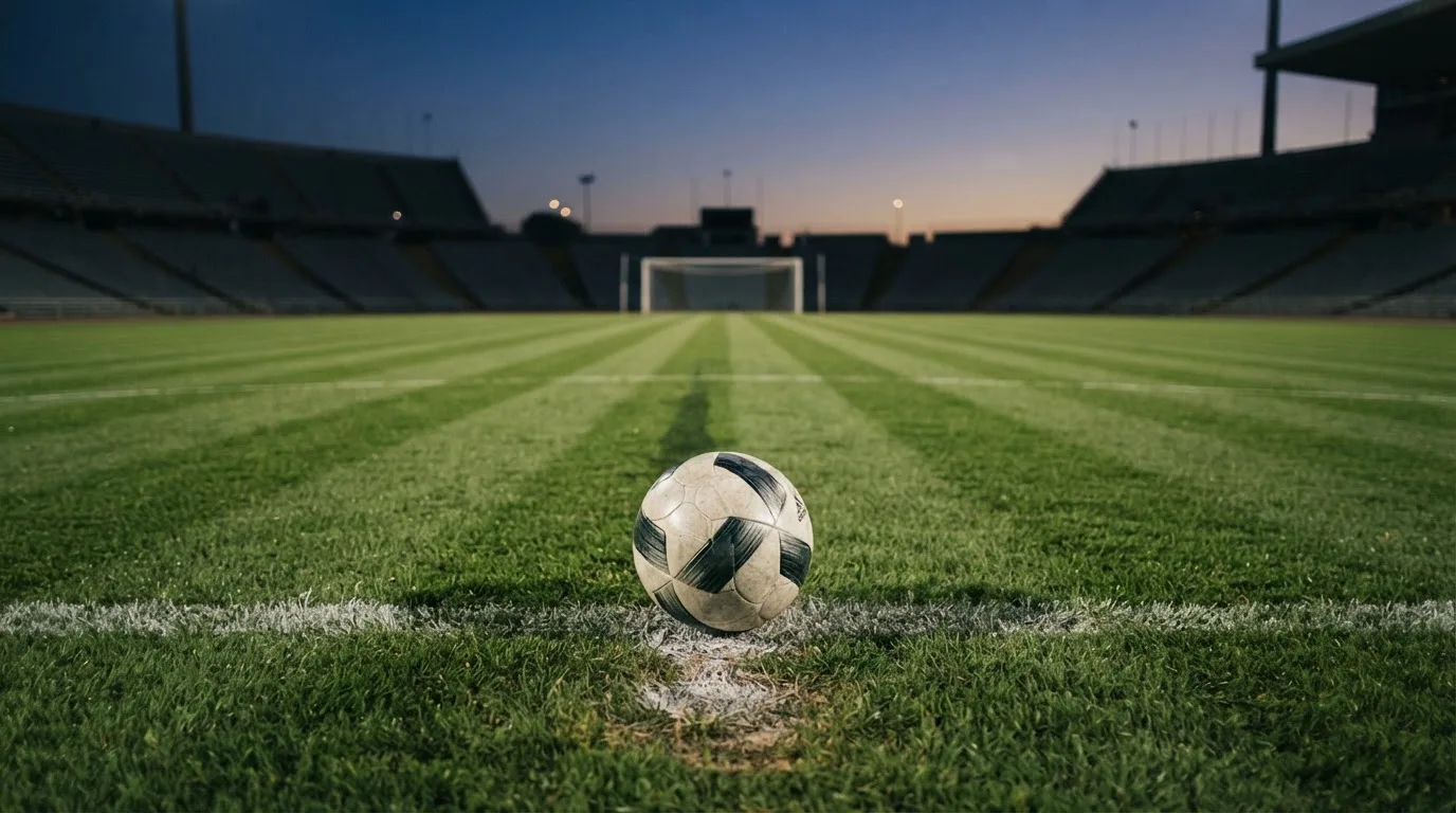 Ein Fußball liegt auf dem Elfmeterpunkt eines leeren Platzes im Abendlicht.