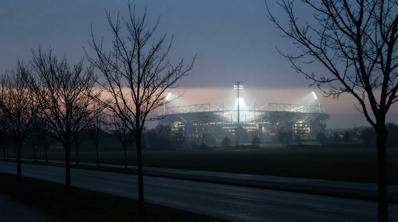 Ein Stadion unter Flutlicht, aus großer Entfernung gesehen, davor eine Reihe kahler Bäume im Dämmerlicht.