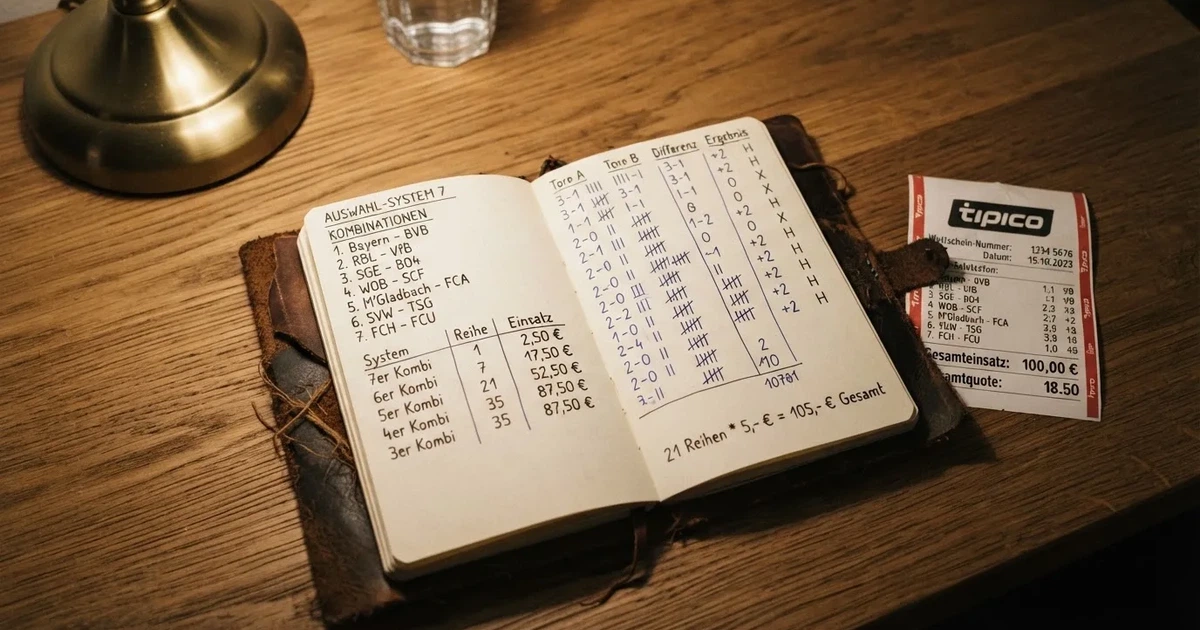 Ein Notizbuch mit handschriftlichen Zahlenreihen und Strichlisten liegt neben einem Taschenrechner auf einem Schreibtisch.