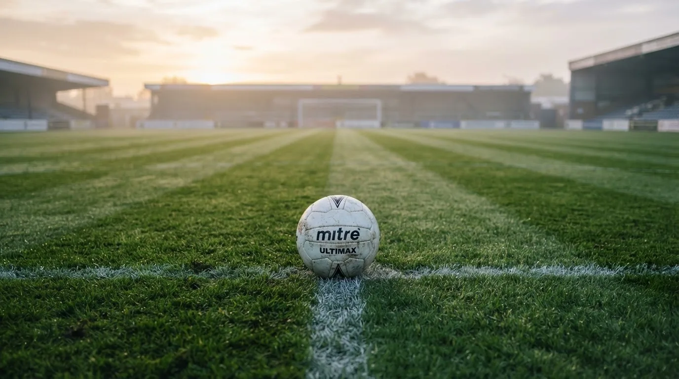 Ein Fußball auf dem Mittelkreis eines leeren Rasenplatzes im frühen Morgenlicht.