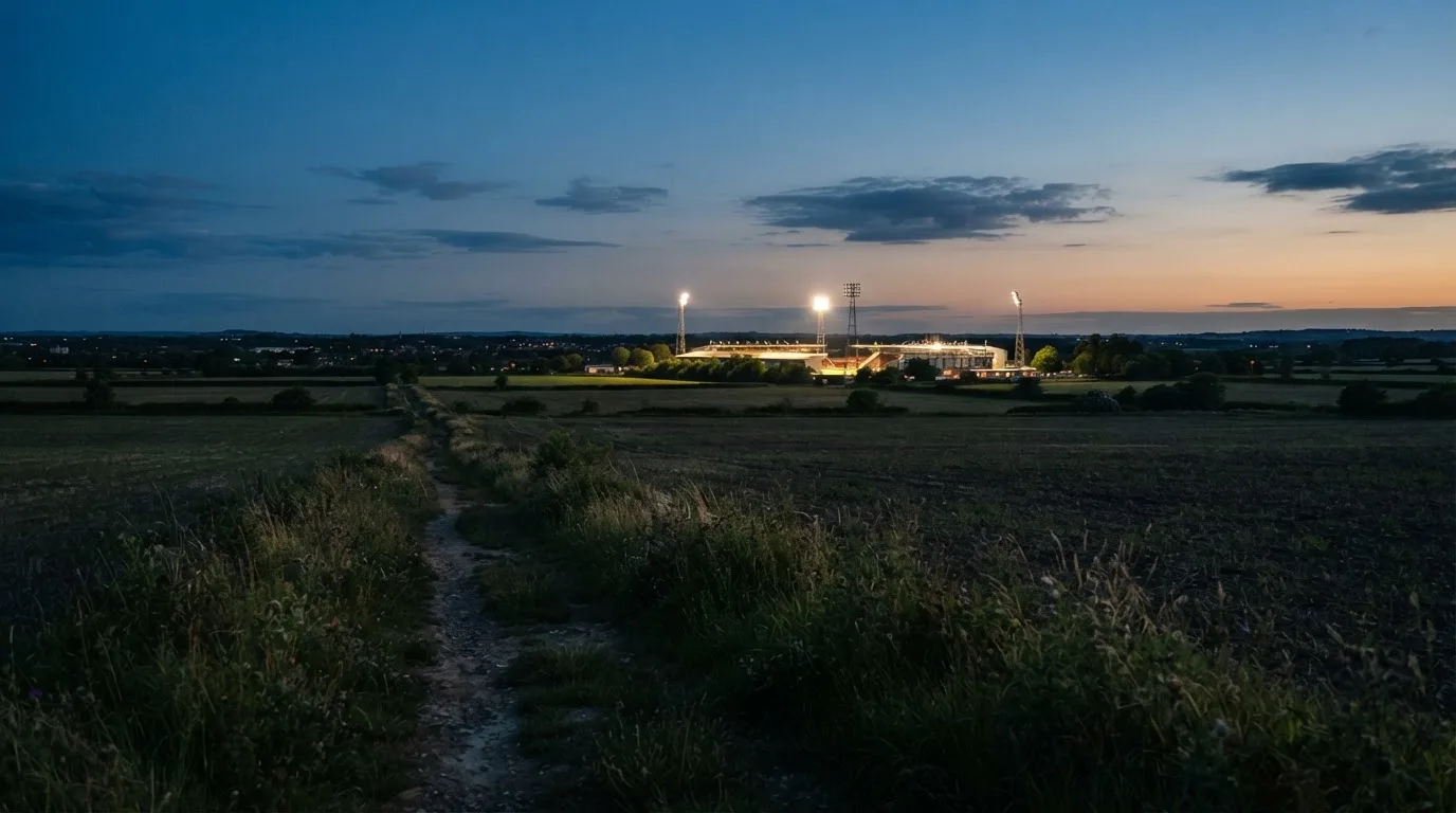 Ein beleuchtetes Stadion aus großer Distanz am Abend, im Vordergrund ein Feldweg.