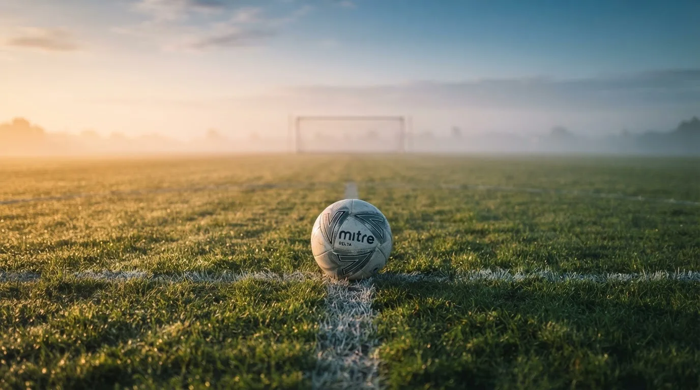 Ein Fußball liegt am Rand des Mittelkreises auf einem leeren Rasenplatz bei Sonnenaufgang.