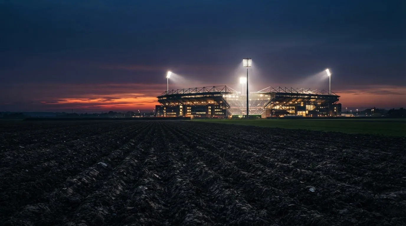Ein Stadion unter Flutlicht aus großer Entfernung, davor ein dunkler Acker im Abendlicht.
