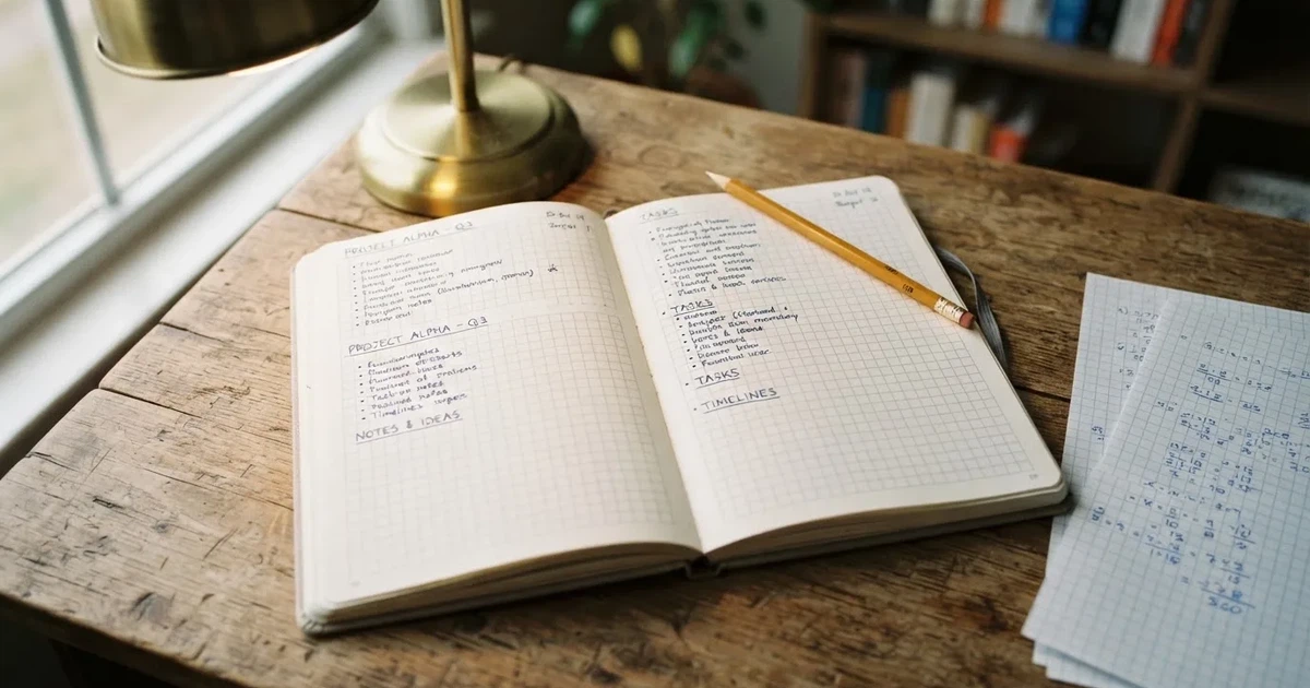 Ein Notizbuch mit handschriftlichen Kästchen und Linien liegt neben einem Bleistift und einem Taschenrechner auf einem Schreibtisch.
