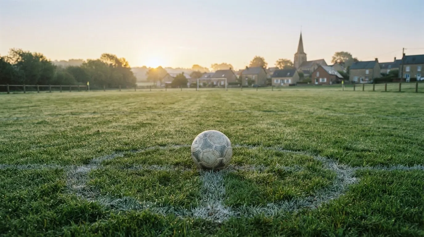 Ein Fußball auf dem Rasen eines leeren Sportplatzes am Rand einer Kleinstadt im Morgenlicht.