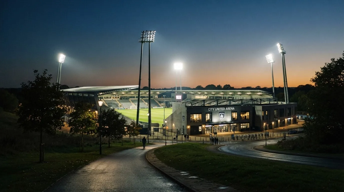 Ein Stadion unter Flutlicht, von einer Anhöhe aus gesehen, davor ein stiller Weg in der Dämmerung.