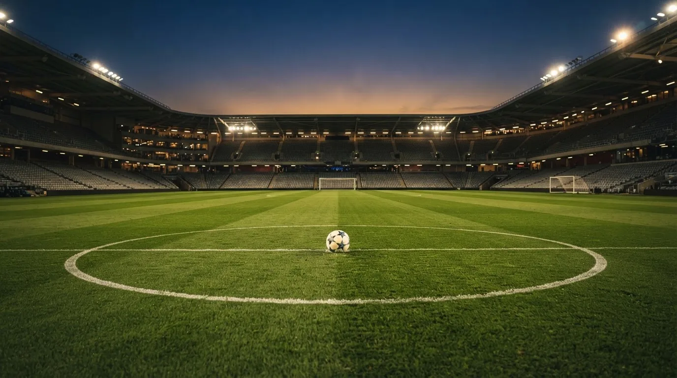 Ein Fußball liegt auf dem Anstoßpunkt eines leeren Rasenplatzes, im Hintergrund ein Stadion unter Flutlicht in der Abenddämmerung.