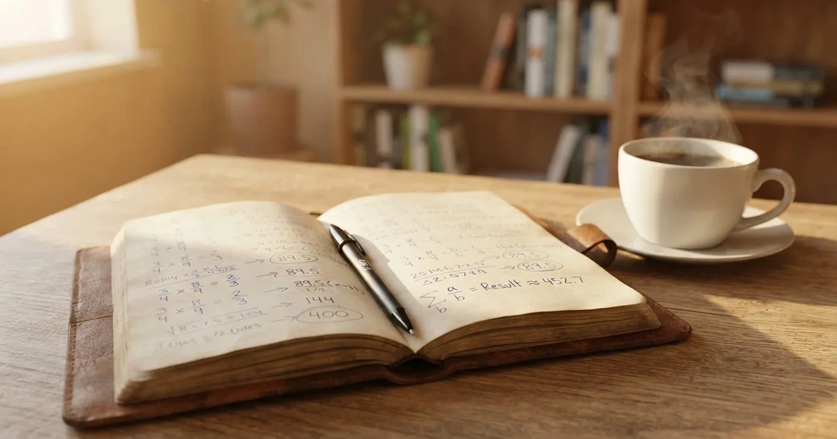Ein Notizbuch mit handschriftlichen Rechnungen und ein Taschenrechner liegen auf einem Schreibtisch neben einer Tasse Kaffee im Licht des frühen Morgens.