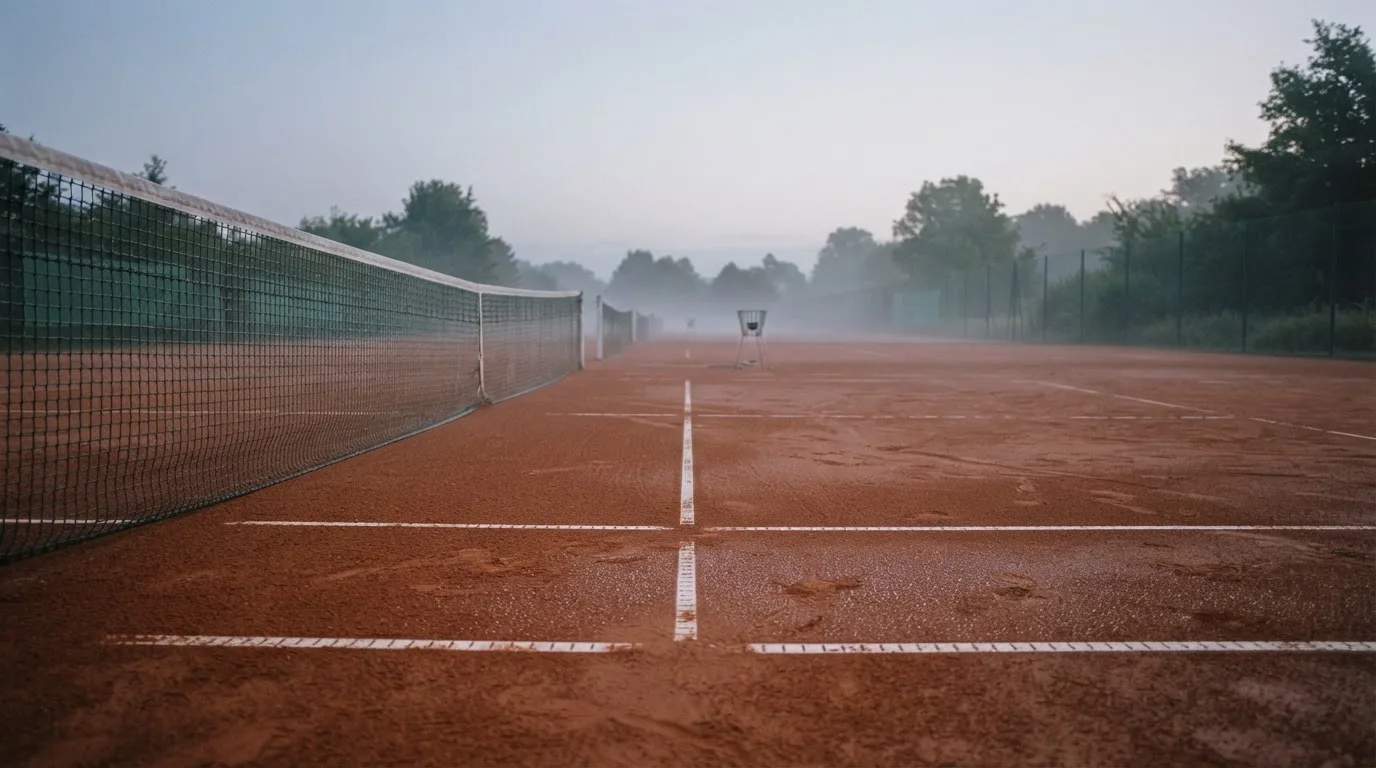 Ein Tennisplatz im Morgengrauen, das Netz und die Linien liegen im Tau, im Hintergrund leichter Nebel und kein Mensch zu sehen.