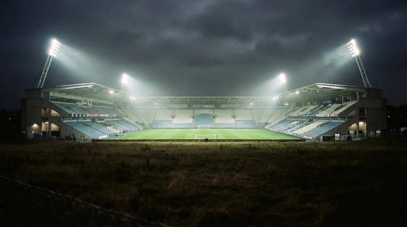 Ein Stadion unter Flutlicht, aus großer Entfernung über eine dunkle Wiese fotografiert, am Himmel zieht Nebel auf.