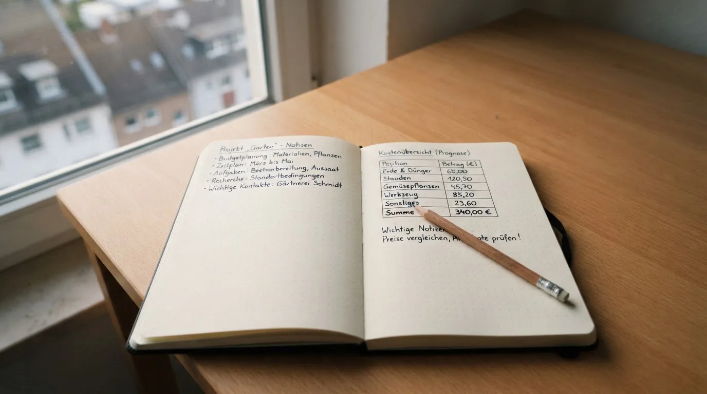Ein Notizbuch mit handschriftlichen Notizen und ein Bleistift liegen auf einem Schreibtisch am Fenster, draußen fällt Morgenlicht herein.