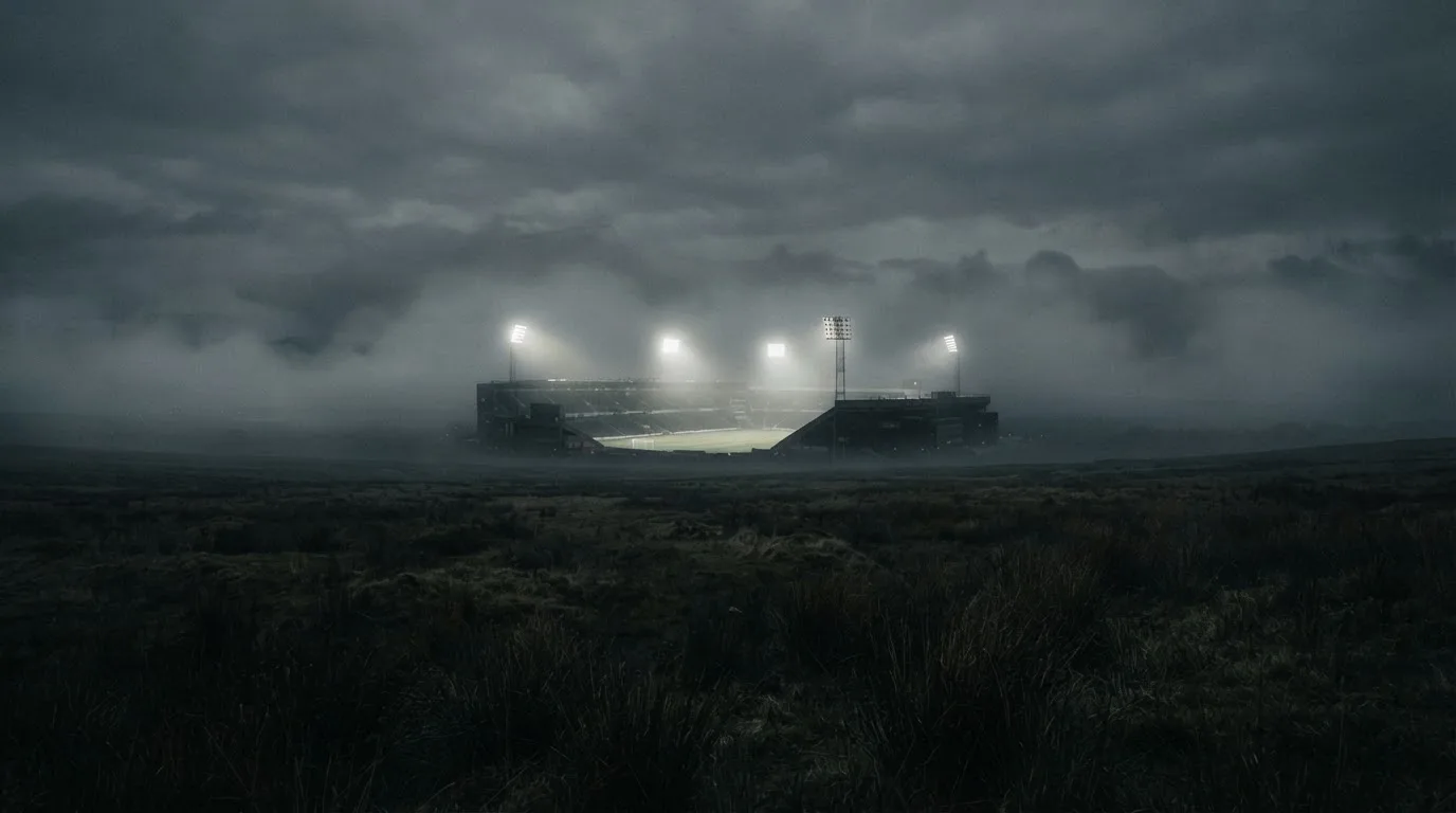 Ein Stadion unter Flutlicht, aus großer Entfernung über eine dunkle Wiese fotografiert, am Himmel zieht Nebel auf.