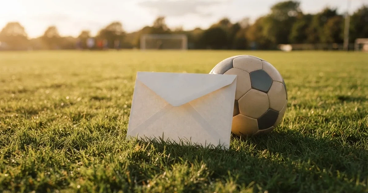 Ein verschlossener leerer Briefumschlag liegt neben einem Fußball auf grünem Rasen im warmen Licht des Nachmittags.