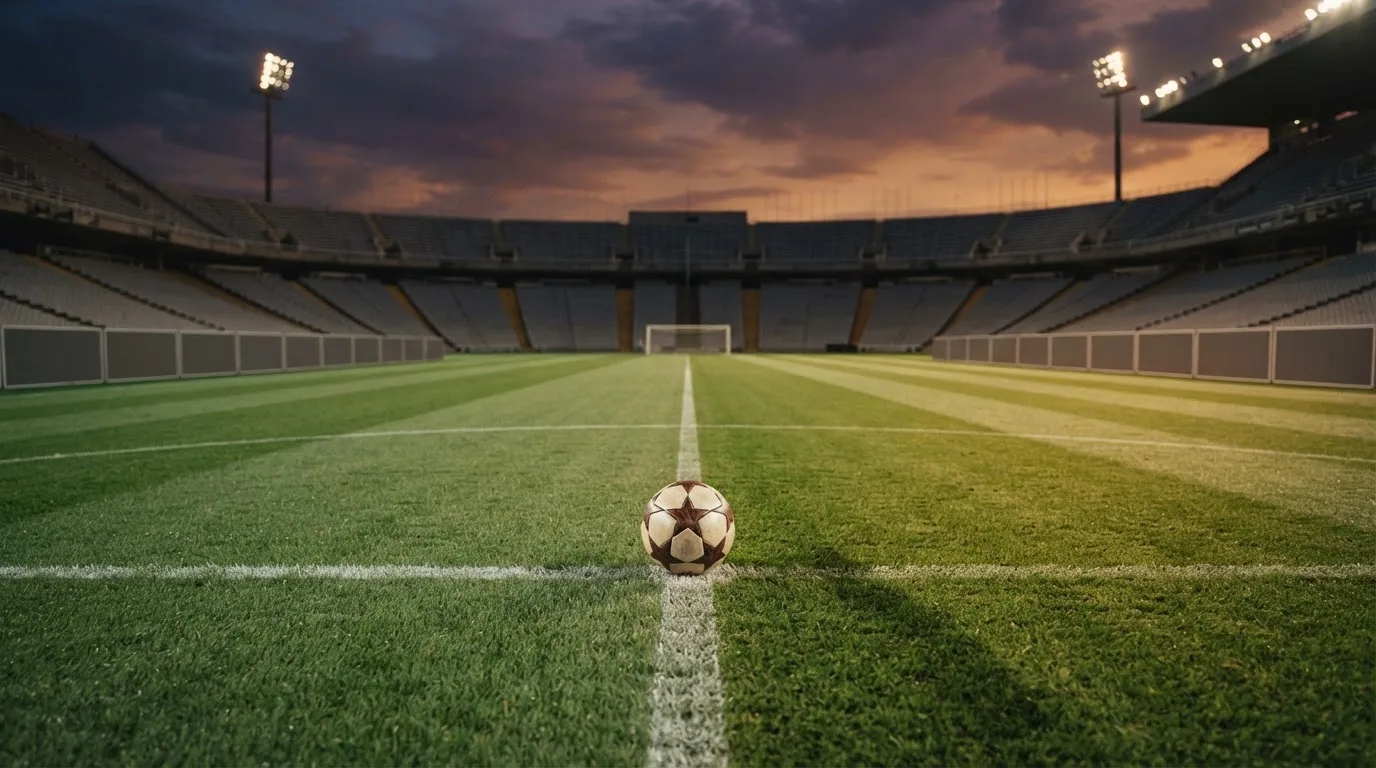 Ein Fußball liegt auf dem Anstoßpunkt eines leeren Rasenplatzes, im Hintergrund steht ein Stadion unter Flutlicht in der Dämmerung.