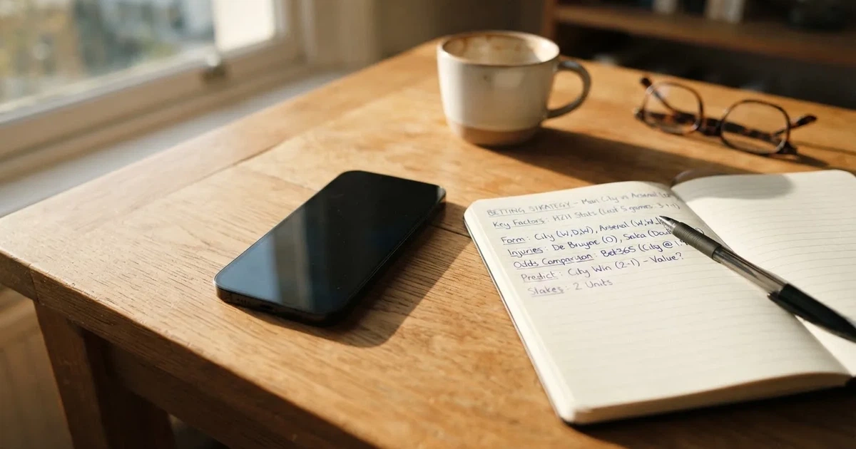 Ein Smartphone liegt neben einem Notizbuch und einem Kugelschreiber auf einem hellen Schreibtisch, das Display ist ausgeschaltet.