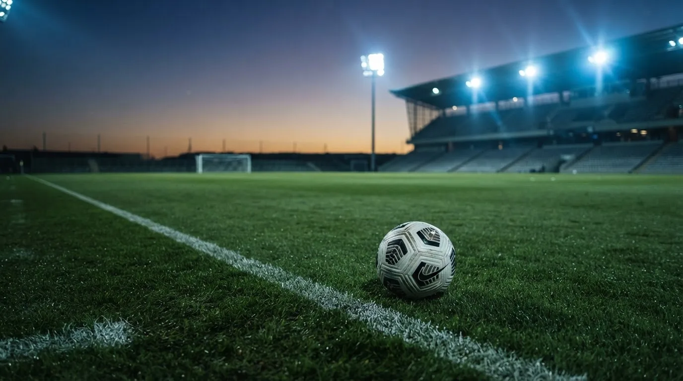 Ein Fußball liegt auf dem Rasen eines leeren Platzes, im Hintergrund ein Stadion unter Flutlicht in der Abenddämmerung.