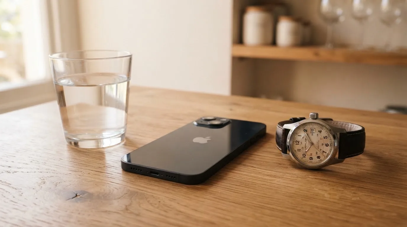 Ein Smartphone liegt mit dem Display nach unten auf einem Küchentisch, daneben stehen ein Glas Wasser und eine Armbanduhr.