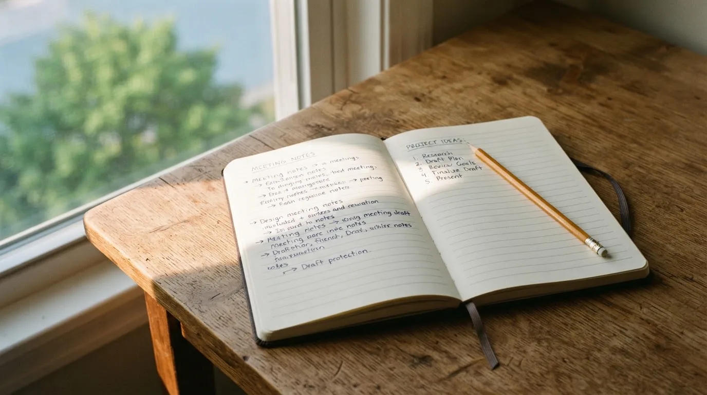 Ein Notizbuch mit handschriftlichen Notizen und ein Bleistift liegen auf einem Schreibtisch am Fenster, draußen fällt Morgenlicht herein.