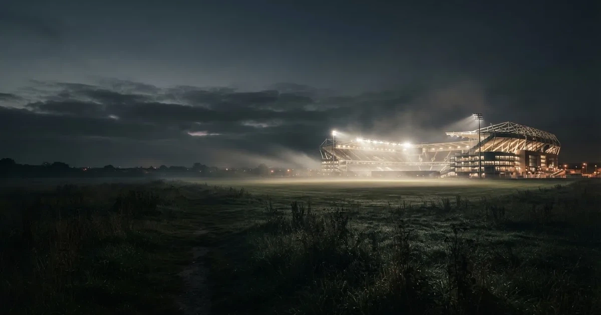 Ein Stadion unter Flutlicht, aus großer Entfernung über eine dunkle Wiese fotografiert, am Himmel zieht Nebel auf.