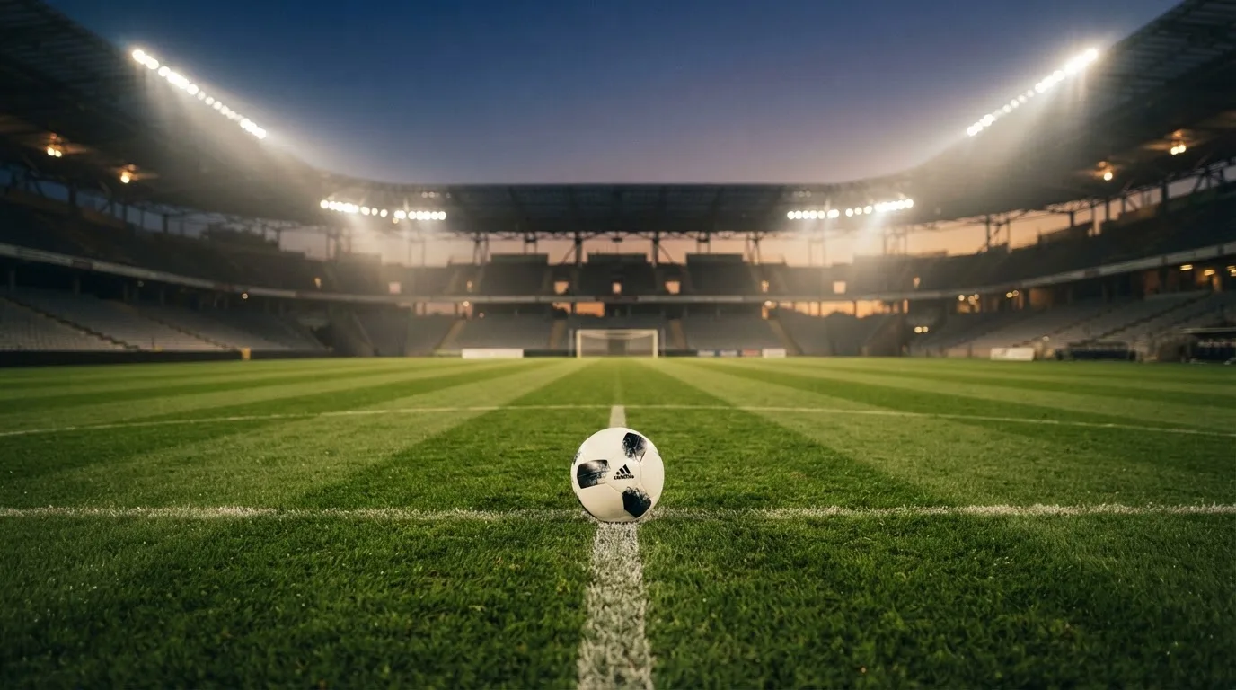 Ein Fußball liegt auf dem Anstoßpunkt eines leeren Rasenplatzes, im Hintergrund steht ein Stadion unter Flutlicht in der Dämmerung.