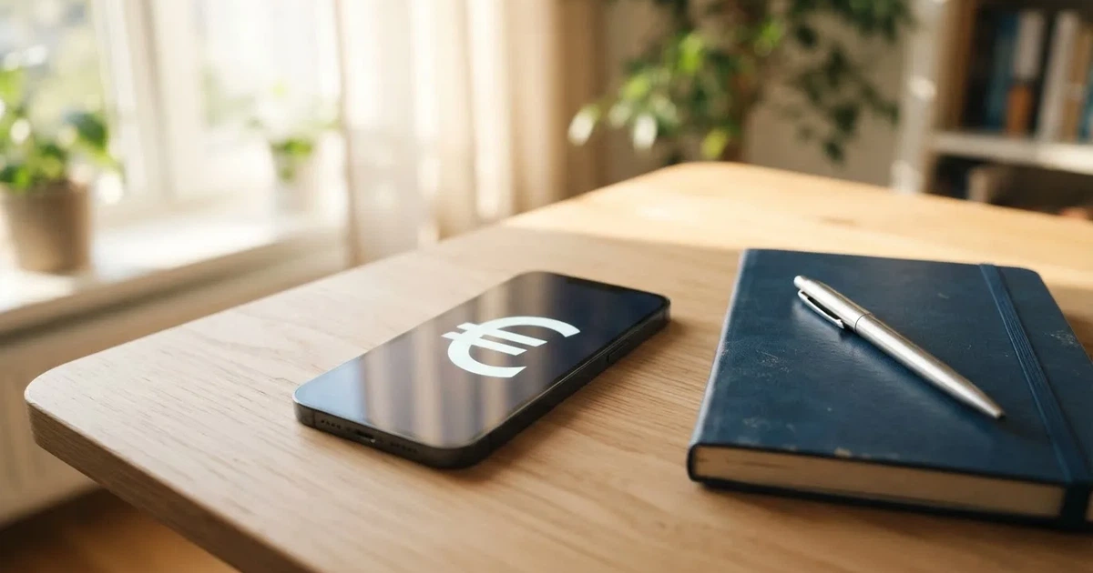 Ein Smartphone liegt neben einem Notizbuch und einem Kugelschreiber auf einem hellen Schreibtisch, das Display ist ausgeschaltet.