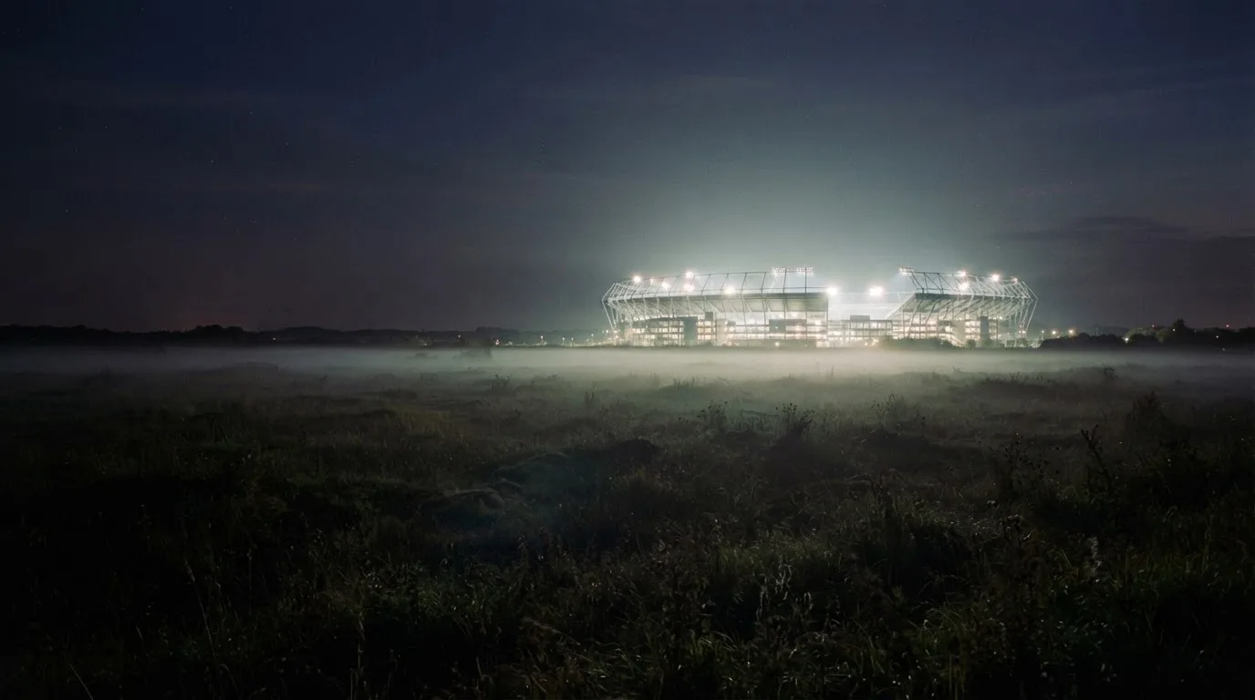 Ein Stadion unter Flutlicht, aus großer Entfernung über eine dunkle Wiese fotografiert, am Himmel zieht Nebel auf.