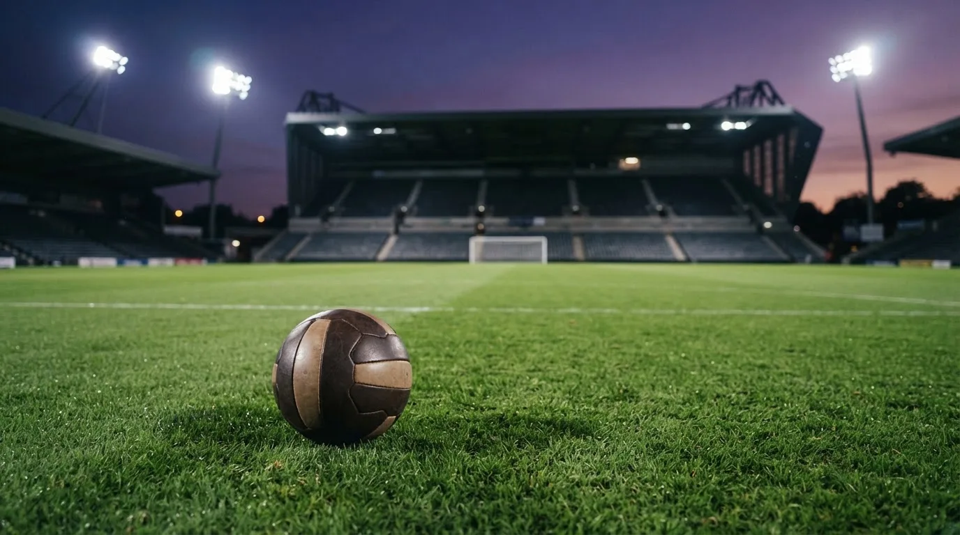 Ein Fußball liegt auf dem Rasen eines leeren Platzes, im Hintergrund ein Stadion unter Flutlicht in der Abenddämmerung.