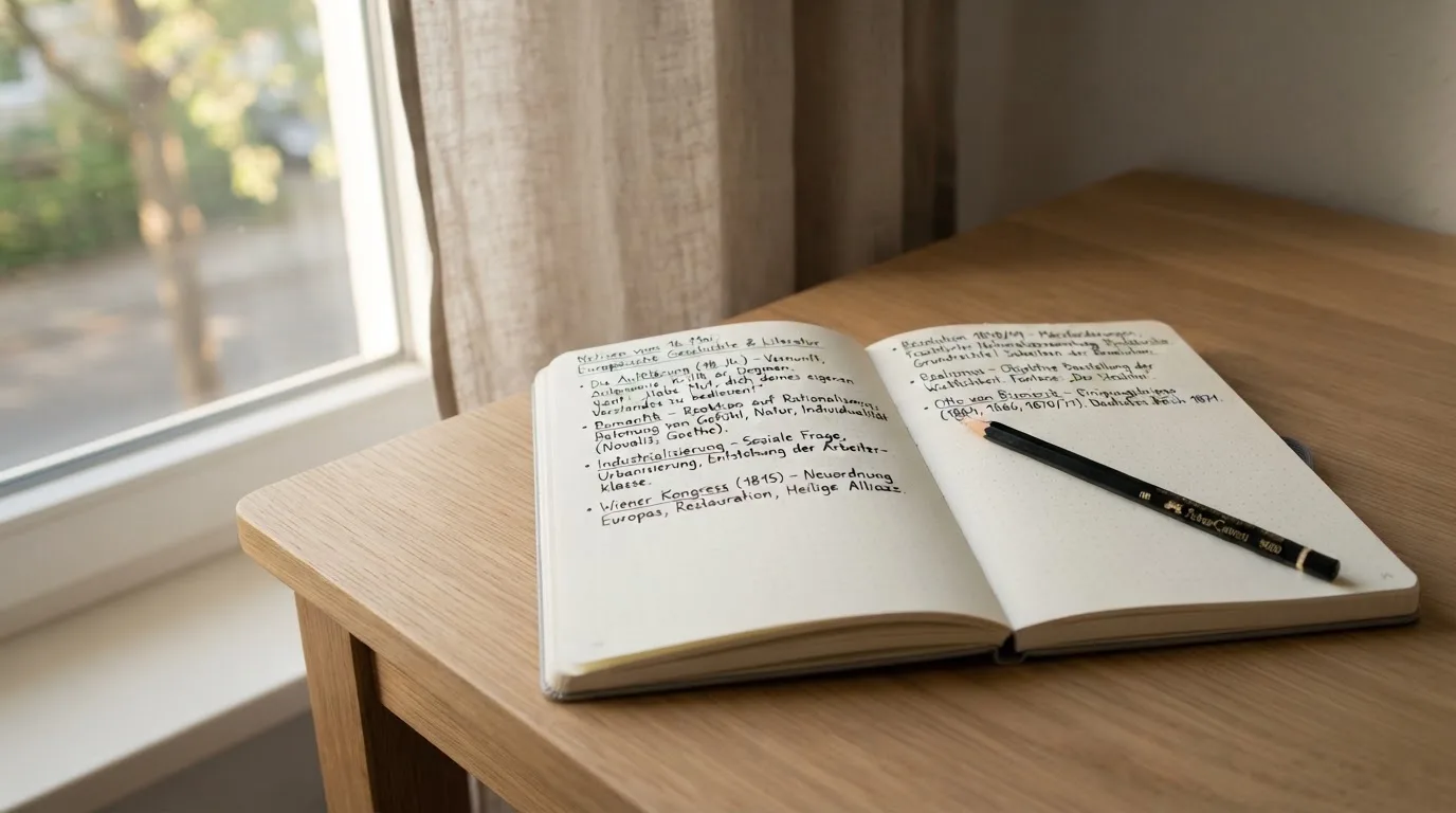 Ein Notizbuch mit handschriftlichen Notizen und ein Bleistift liegen auf einem Schreibtisch am Fenster, draußen fällt Morgenlicht herein.