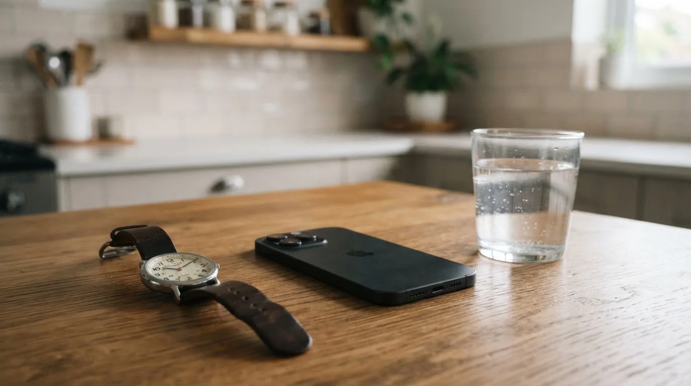 Ein Smartphone liegt mit dem Display nach unten auf einem Küchentisch, daneben stehen ein Glas Wasser und eine Armbanduhr.