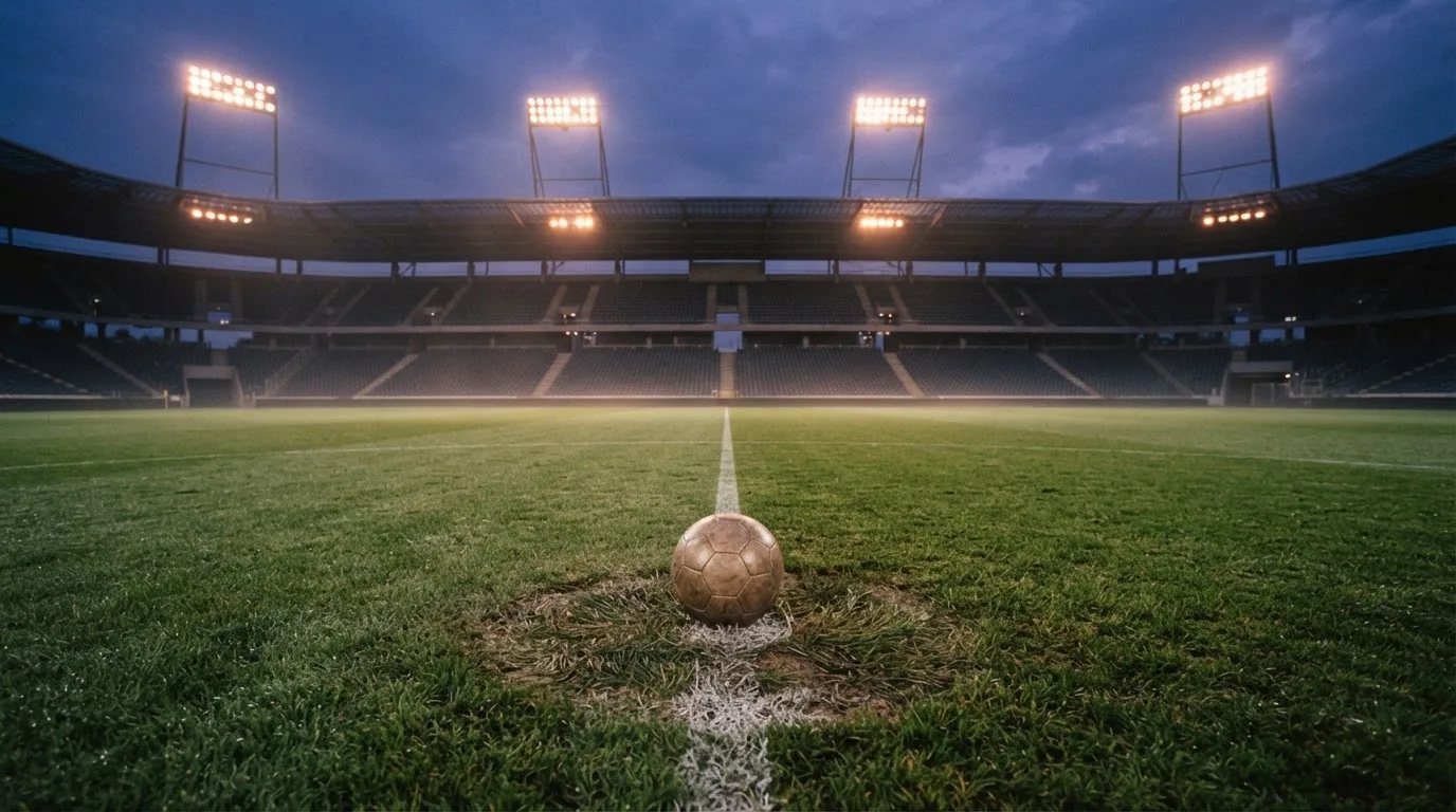 Ein Fußball liegt auf dem Anstoßpunkt eines leeren Rasenplatzes, im Hintergrund steht ein Stadion unter Flutlicht in der Dämmerung.