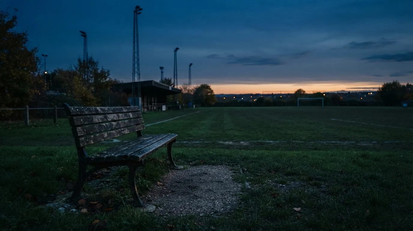 Eine leere Parkbank am Rand eines Fußballfelds in der Abenddämmerung, im Hintergrund ragen dunkle Flutlichtmasten in den Himmel.