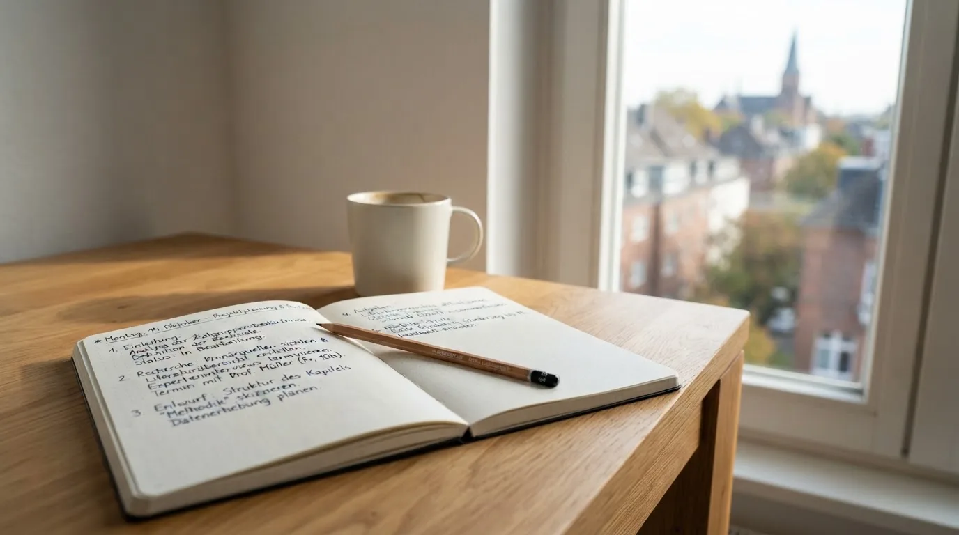 Ein Notizbuch mit handschriftlichen Notizen und ein Bleistift liegen auf einem Schreibtisch am Fenster, draußen fällt Morgenlicht herein.